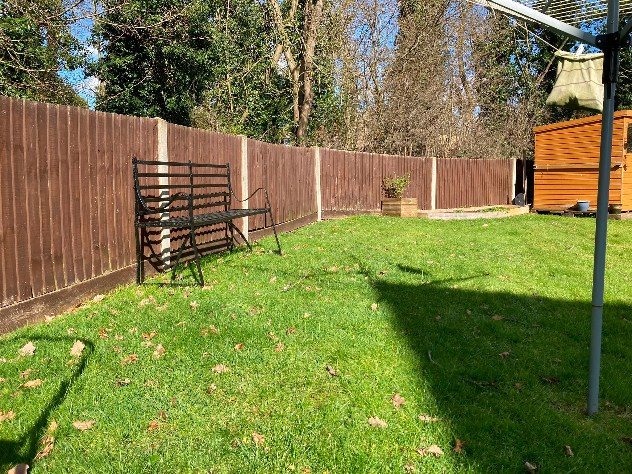 A garden boundary of tired dark brown fence panels, the colour faded and patchy