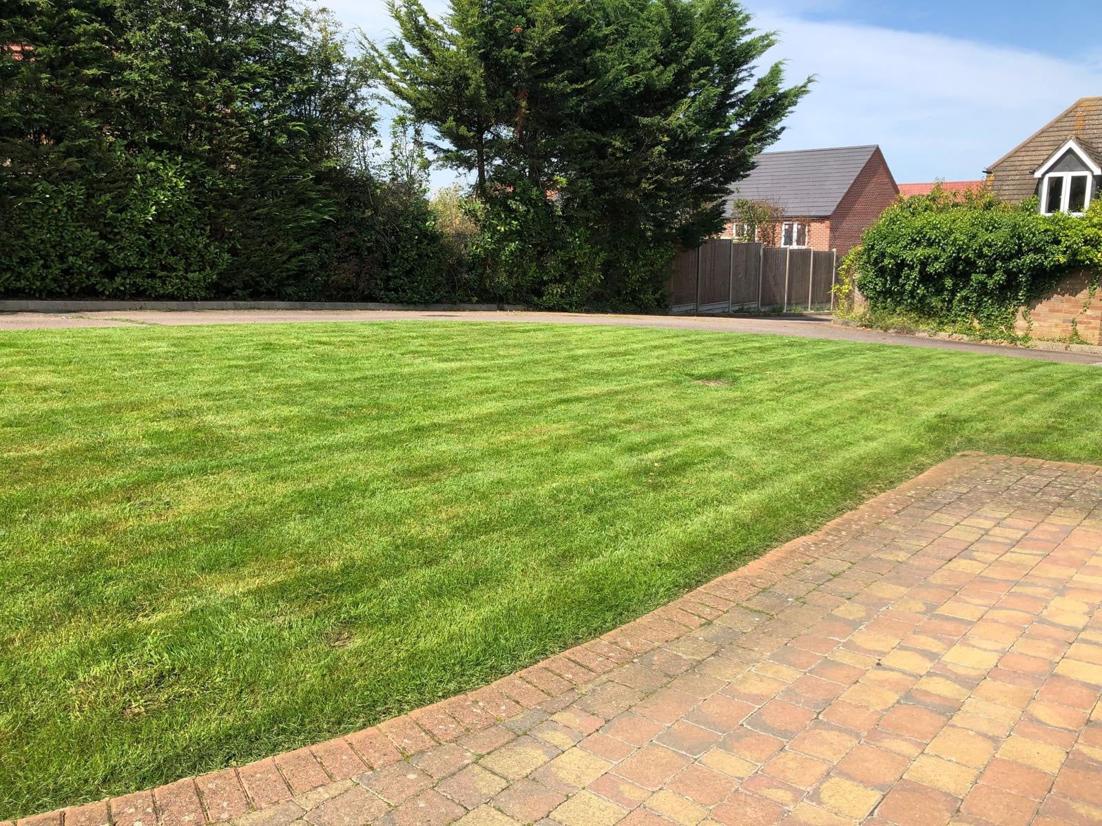 A large freshly cut lawn showing mower stripes, edged with block paving and bordered by mature hedging